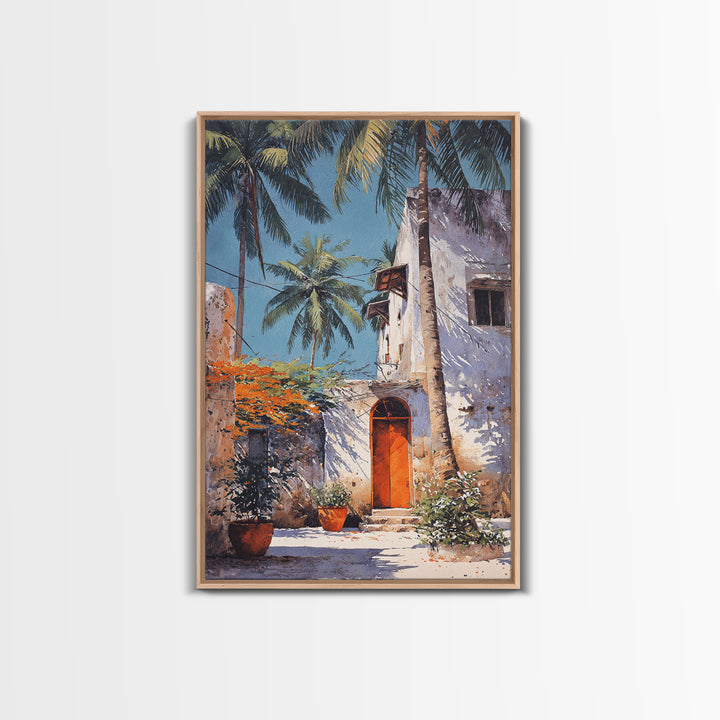 White Coastal African Courtyard Wall Art, Palm Tree Accent, Morocco Africa, Travel Poster, Bohemian Decor Art, Unique Wall Decor