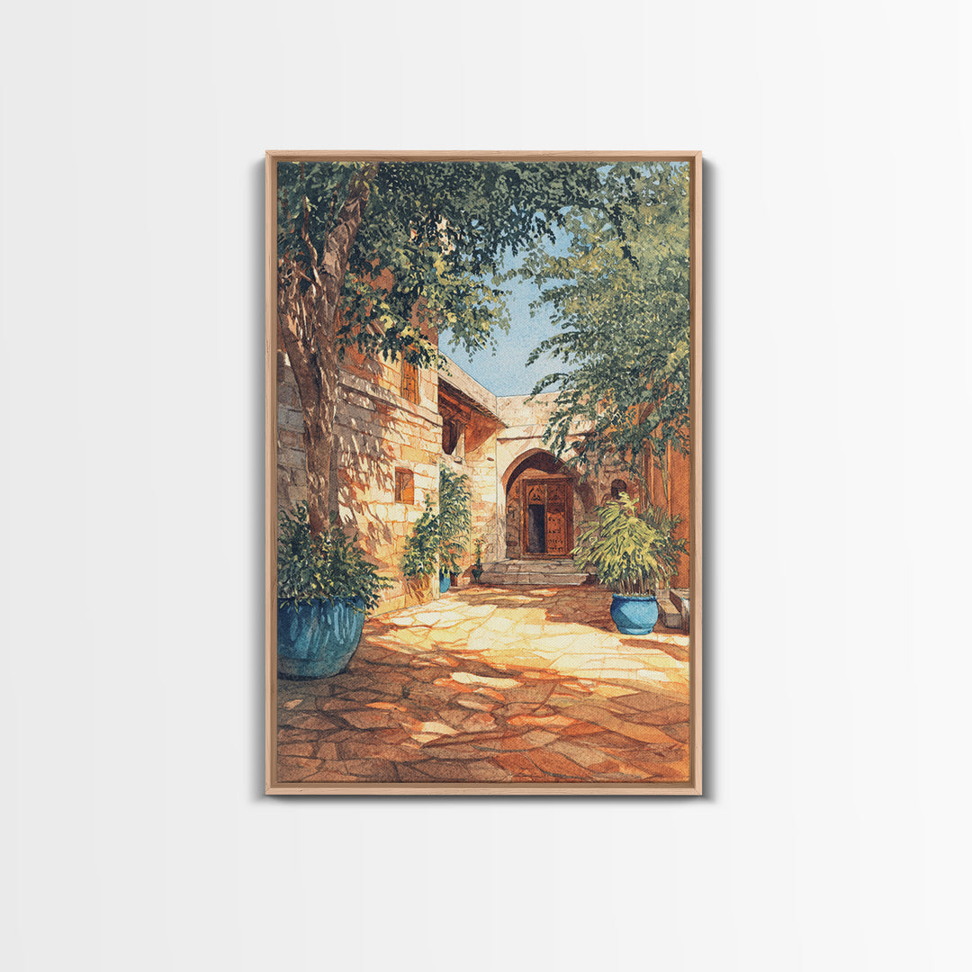 Leafy Stone African Courtyard Canvas Print, Elegant Home Decor, Cultural Wall Decor, Africa Painting, Living Room Decor Gift