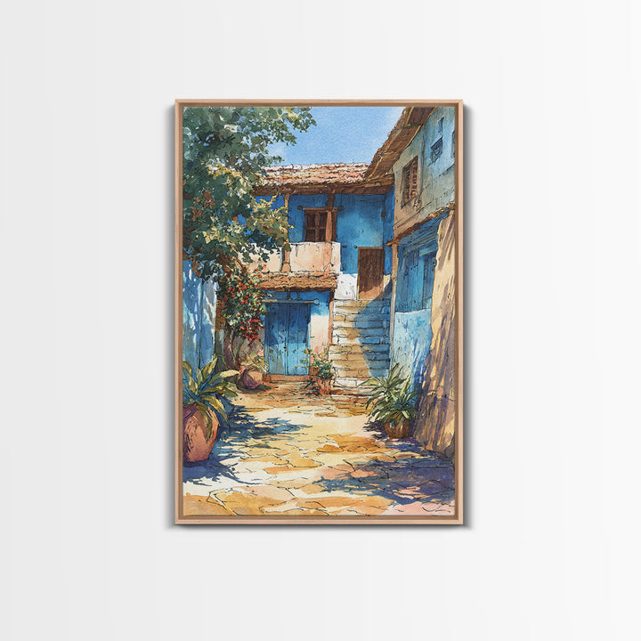 Blue African Village Courtyard Wall Art, Rustic Architecture, Africa Wall Decor, Travel Poster, Boho Home Decor, Unique Canvas
