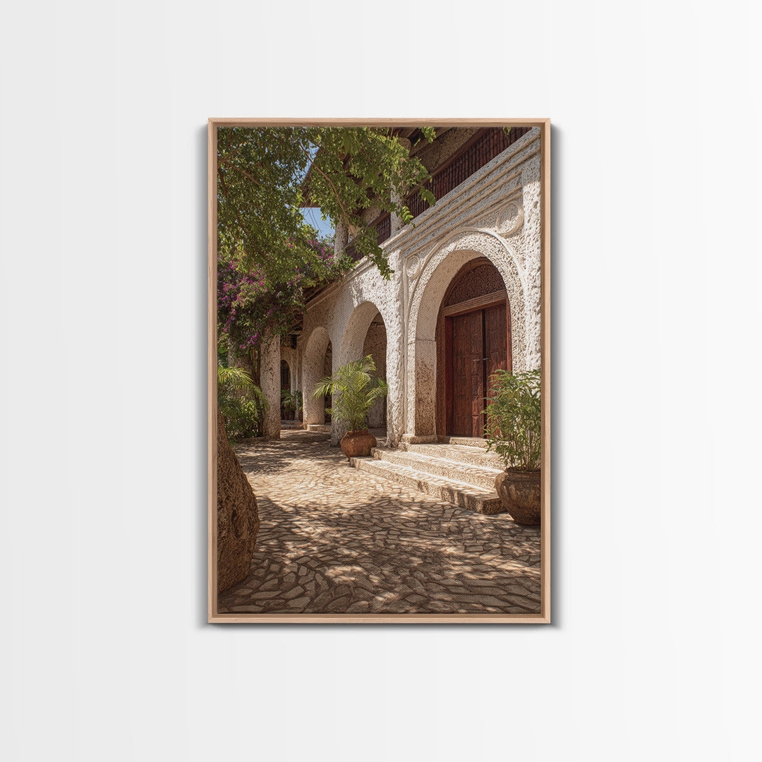 Arched African Veranda Courtyard Framed Canvas Print, Zanzibar Style, Cultural Home Decor, African Wall Decor, Statement Decor