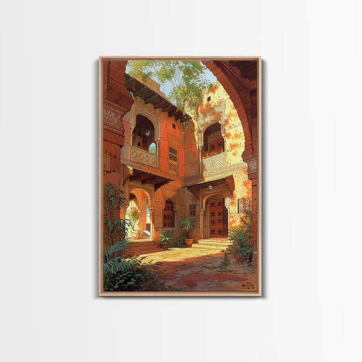 Sunlit Moroccan Courtyard With Arches Wall Art, African Inspired Home Decor, Terracotta Travel Poster, Boho Living Room Print