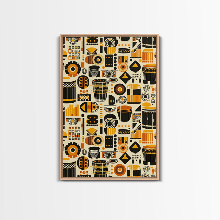 Bold African Drum Pattern Canvas Print, Tribal Textile Art, Orange Black Home Decor, Afrocentric Wall Decor Gift For Music Room