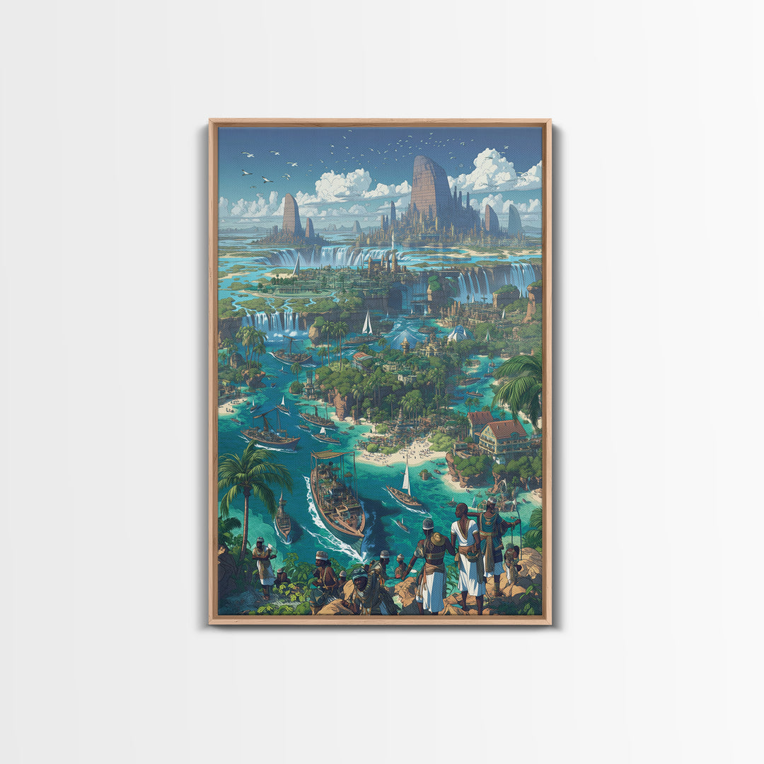 Afrofuturist Coastal Kingdom Wall Art, African Landscape Fantasy City, Blue Travel Poster, Modern Canvas Decor For Living Room
