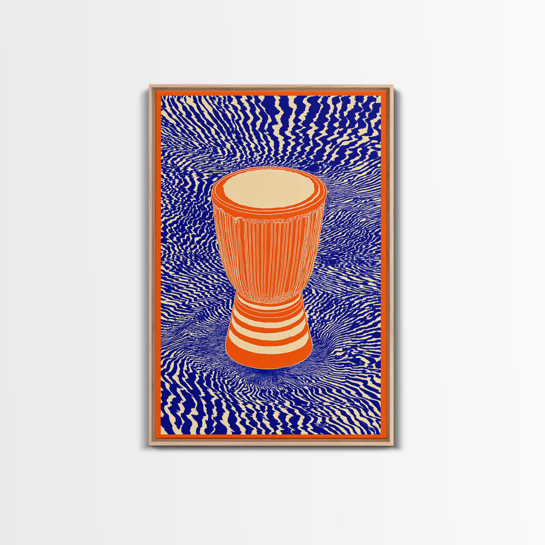 Orange Djembe Drum With Blue Waves Canvas Print, African Music Wall Art, Vibrant Tribal Decor, Bold Afrocentric Gift Print