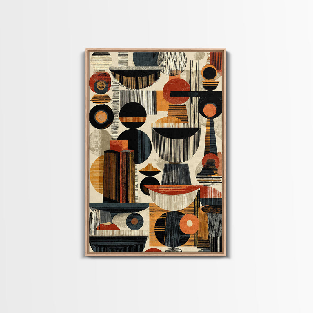 Midcentury African Abstract Shapes Wall Art, Terracotta Black Geometric Canvas Decor, Modern Tribal Home Decor Gift For Office