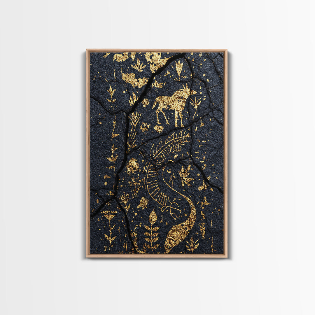 Gold Petroglyph Animals On Cracked Stone Framed Canvas Print, African Tribal Art, African Wall Art, Ethnic Wall Decor, Home Decor