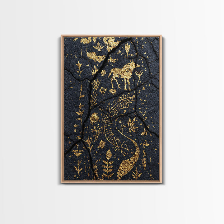 Gold Petroglyph Animals On Cracked Stone Framed Canvas Print, African Tribal Art, African Wall Art, Ethnic Wall Decor, Home Decor