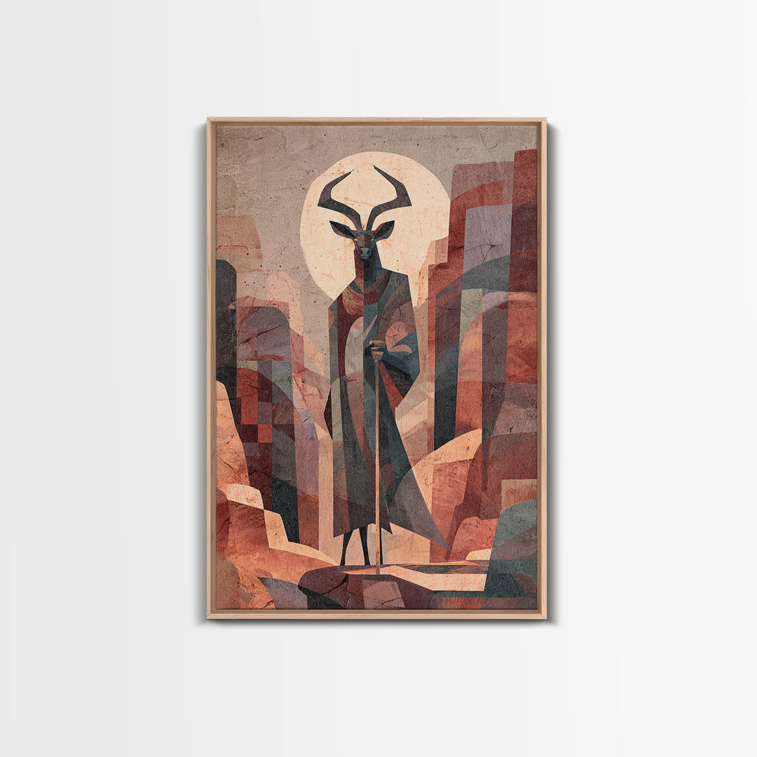 Antelope Mask Spirit In Abstract Cityscape Canvas Print, African Mask Art, Abstract African Art, Afrocentric Wall Art, Bold Decor