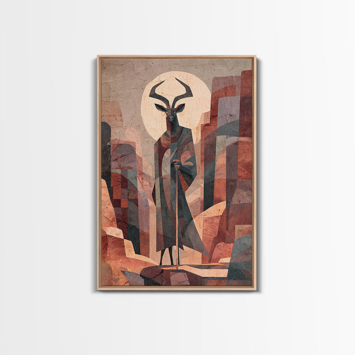 Antelope Mask Spirit In Abstract Cityscape Canvas Print, African Mask Art, Abstract African Art, Afrocentric Wall Art, Bold Decor