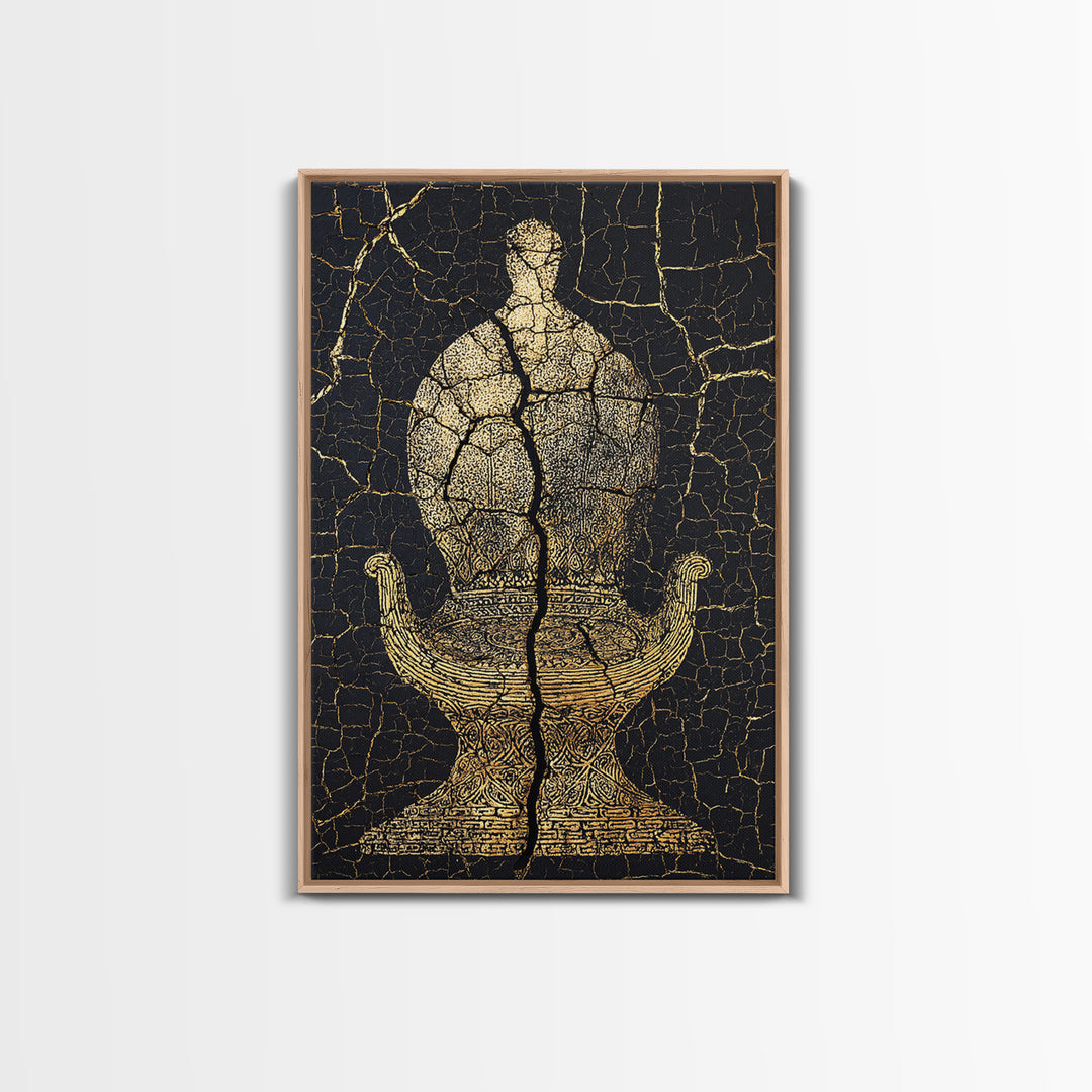 Gold Ancient Figure On Black Cracked Stone Framed Canvas Print, African Sculpture, African Art Decor, Tribal Art Print, Black Art