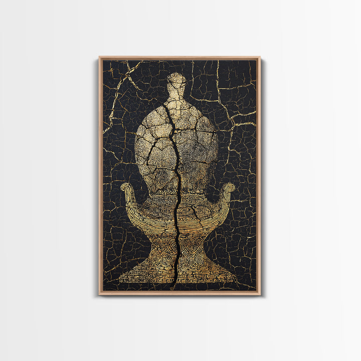 Gold Ancient Figure On Black Cracked Stone Framed Canvas Print, African Sculpture, African Art Decor, Tribal Art Print, Black Art