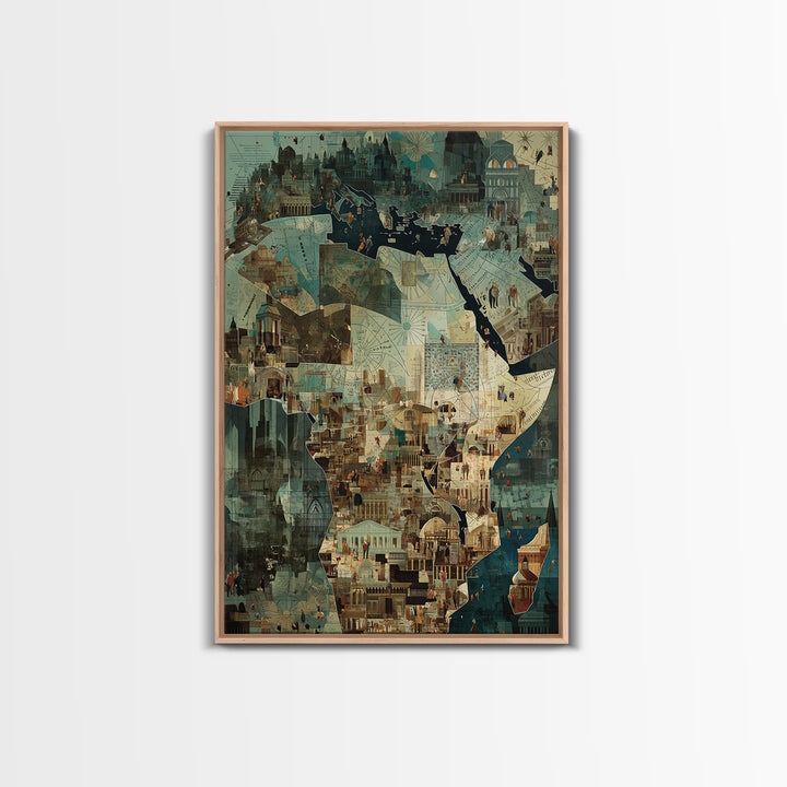 Africa City Collage Wall Art, Teal Architectural Canvas Print, African Travel Poster, Modern Cultural Home Decor Artwork