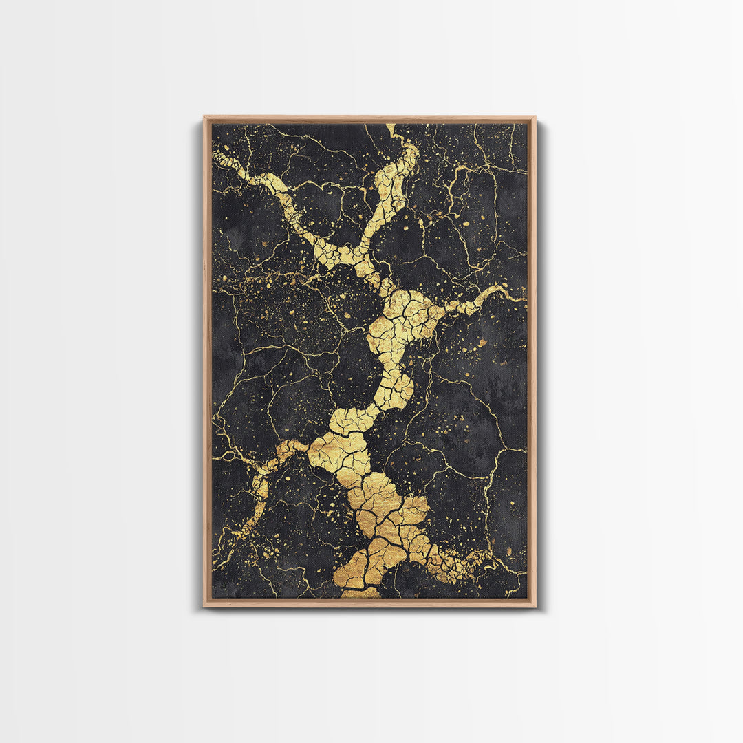 Black Gold Cracked Abstract Wall Art, Marble Texture Canvas Print, Luxury Modern Art, Earth Tone Home Decor Artwork Gift