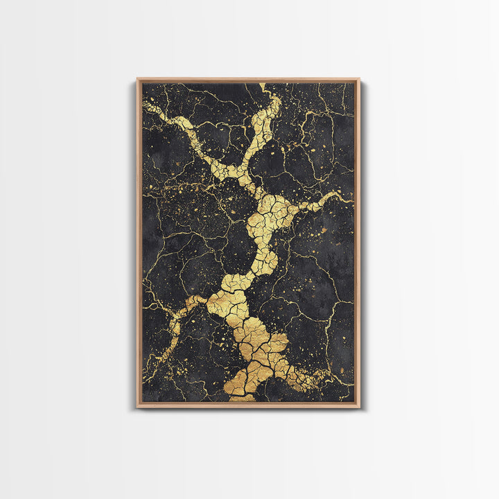 Black Gold Cracked Abstract Wall Art, Marble Texture Canvas Print, Luxury Modern Art, Earth Tone Home Decor Artwork Gift