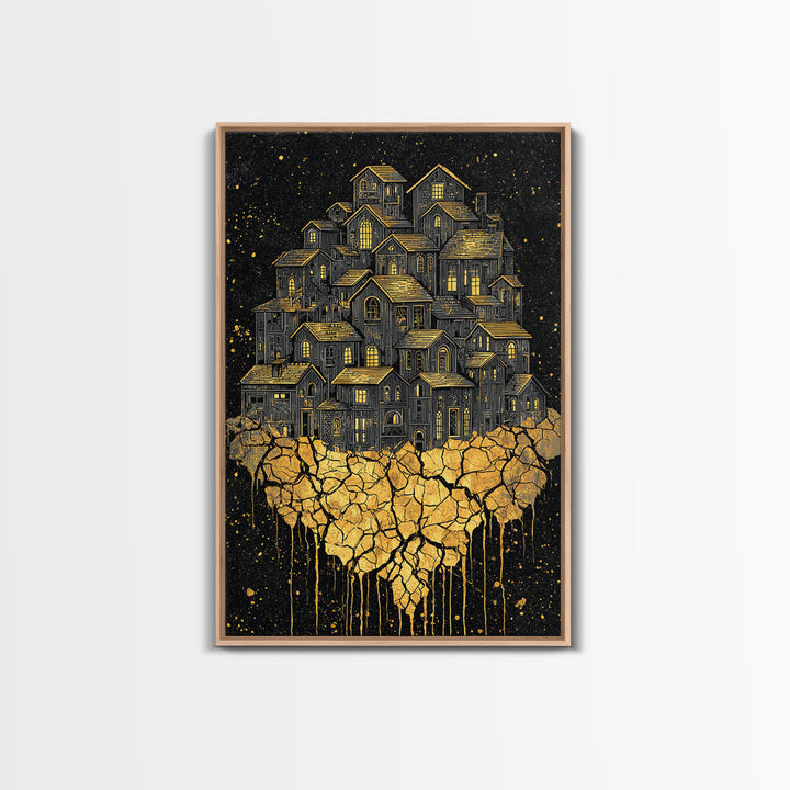 Golden Village On Africa Wall Art, Black Night Houses Canvas Print, Afrocentric Landscape Decor, Unique Motherland Artwork
