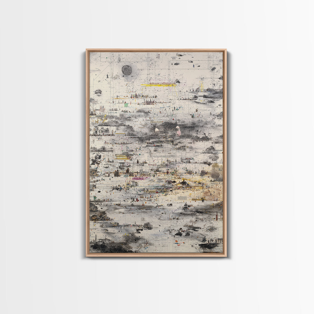Abstract Monochrome City Grid With Tiny Figures Wall Art, Modern African Inspired Urban Map, Neutral Gallery Home Decor Print