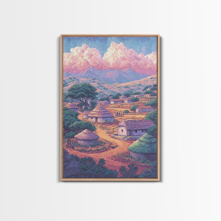 Colorful African Village Huts Beneath Pink Clouds Canvas Print, Mountain Landscape, Cultural Home Decor, Motherland Wall Art