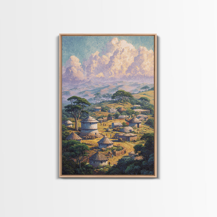 Serene African Village With Huts And Acacia Trees Wall Art, Safari Landscape Canvas Print, Cultural Home Decor Gift For Living Room