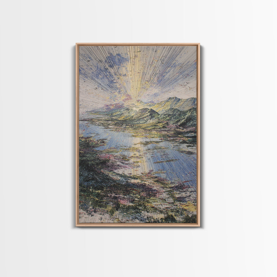 Radiant Sunrise Over African Lake And Mountains Framed Canvas Print, Abstract Landscape Wall Art, Dreamy Nature Home Decor