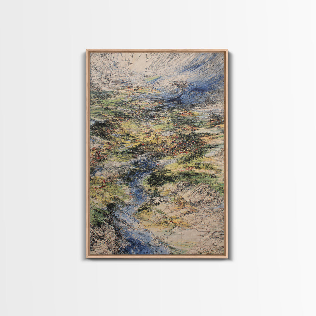 Sweeping River Valley And Mountain Village Wall Art, African Landscape Canvas Print, Textured Nature Scene For Living Room