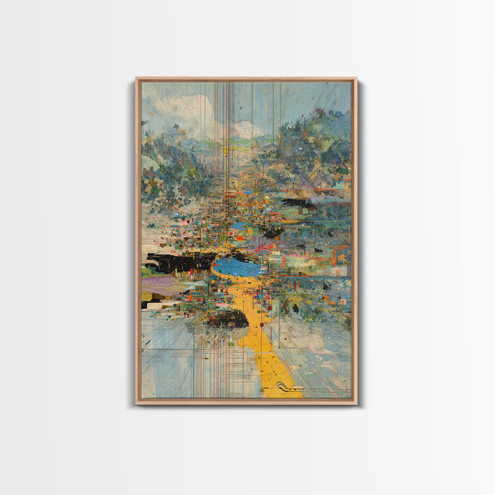 Abstract Riverside City With Golden Path Wall Art, Modern African Inspired Landscape Canvas Print, Colorful Home Decor Gift