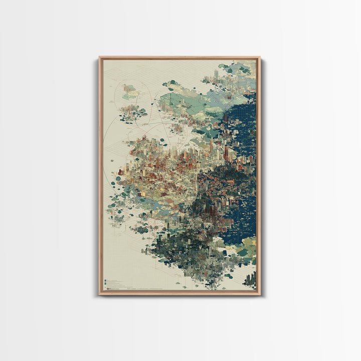 Abstract Coastal City Map In Teal And Indigo Canvas Print, Modern African Inspired Wall Art, Geometric Urban Home Decor Gift