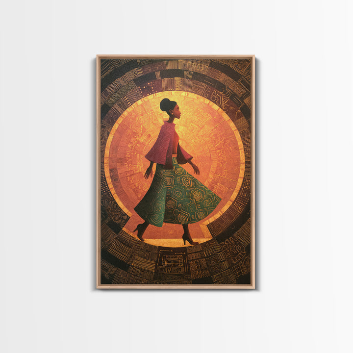 Elegant African Woman In Green Patterned Skirt Wall Art, Golden Halo Canvas Print, Afrocentric Black Beauty Home Decor Gift