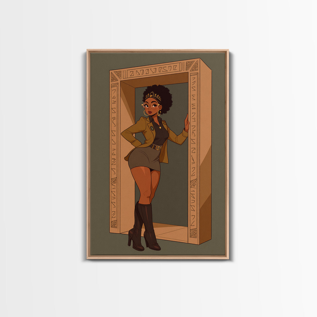 Stylish Black Queen In Carved Doorway Canvas Print, African American Comic Wall Art, Empowered Woman Fashion Home Decor Gift