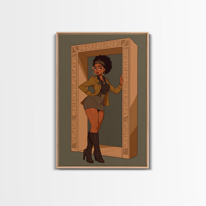 Stylish Black Queen In Carved Doorway Canvas Print, African American Comic Wall Art, Empowered Woman Fashion Home Decor Gift
