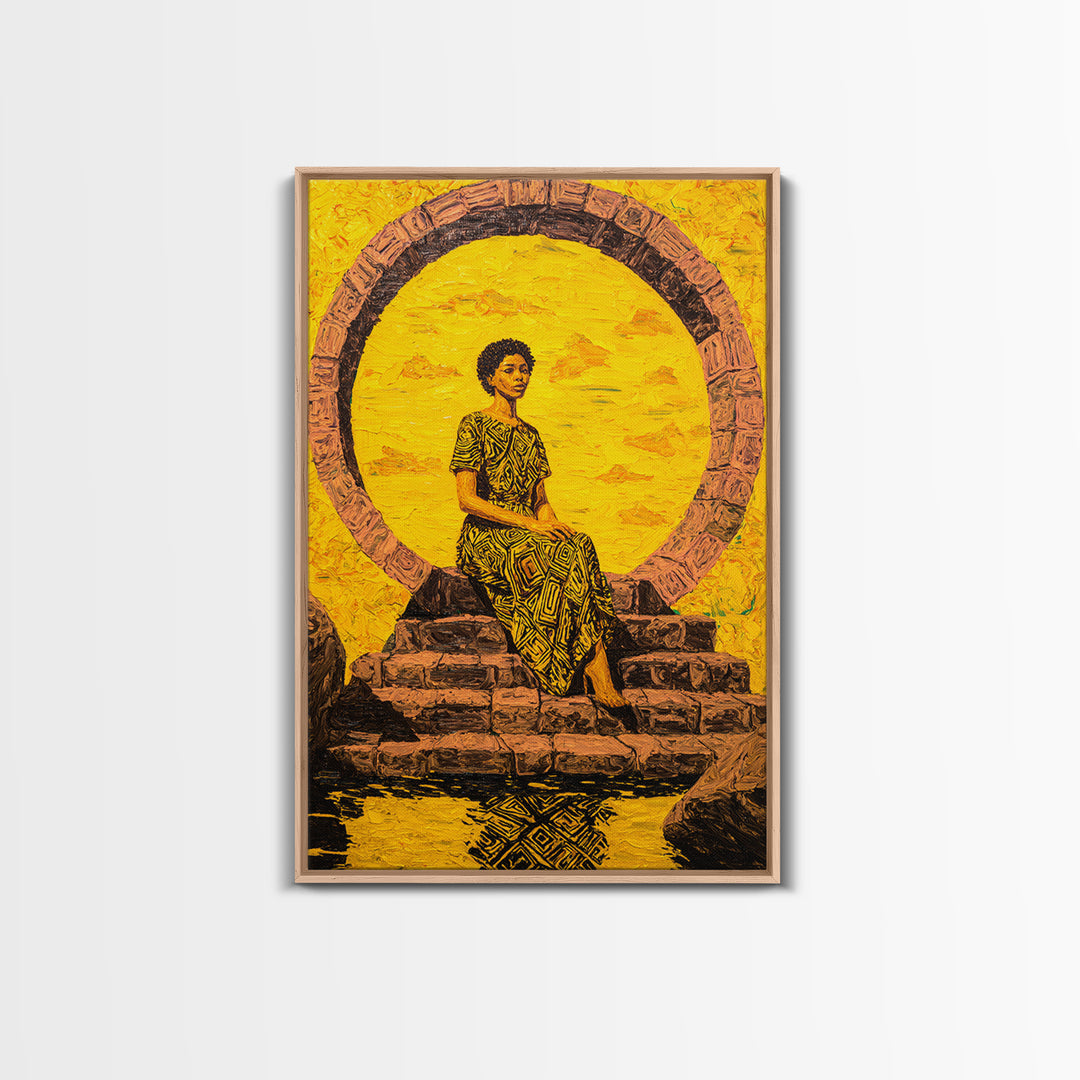 Golden African Woman By Sacred Stone Arch Canvas Print, Afrocentric Wall Decor, Black Queen Portrait, Ankara Home Decor Gift