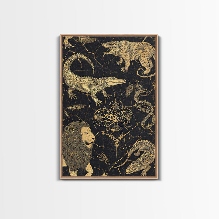 Gold Engraved Safari Animals Wall Art, African Animal Art, Tribal Wildlife Decor, Lion Crocodile Snake Canvas Print Style