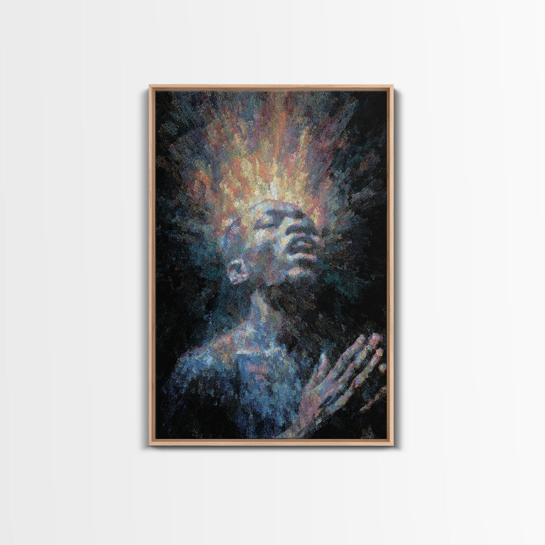 Praying Black Man With Radiant Spirit Framed Canvas Print, African American Art, Afrocentric Wall Decor, Meditation Gift