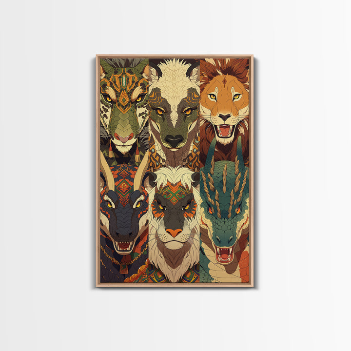 Six Tribal Safari Animal Totems Canvas Print, African Inspired Wall Decor, Lion Elephant Giraffe Dragon, Bold Home Decor