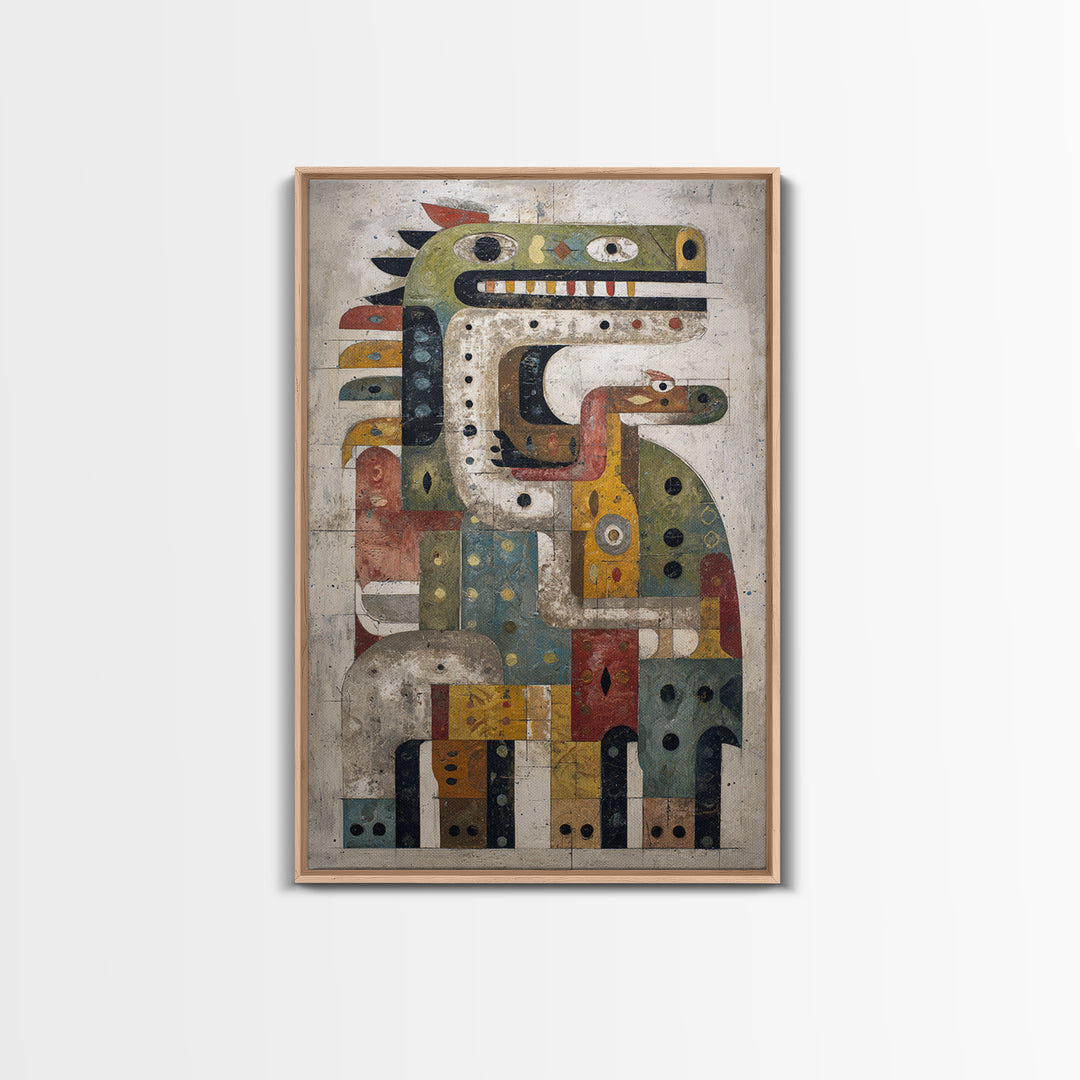 Geometric Tribal Bird Creature Canvas Print, Abstract African Art, Ethnic Wall Decor, Modern Cubism For Boho Home Decor Gift