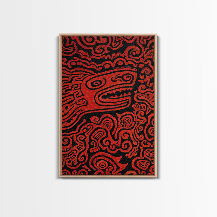 Red Tribal Lizard Pattern Wall Art, African Abstract Textile Art, Bold Ethnic Decor, Modern Black And Red Canvas Design Gift