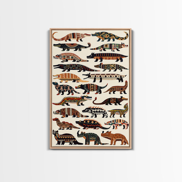 Tribal Crocodile Collection Canvas Print, African Animal Art, Patterned Safari Wall Decor, Boho Kids Room Decor Gift For Him