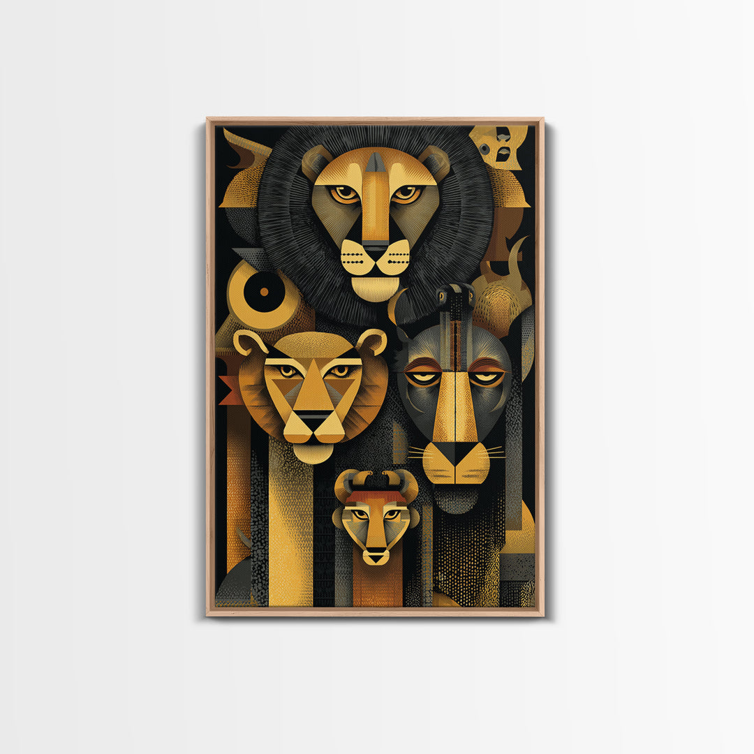 Black And Gold Lion Family Wall Art, Modern African Safari Art, Geometric Animal Portrait, Luxury Canvas Living Room Decor