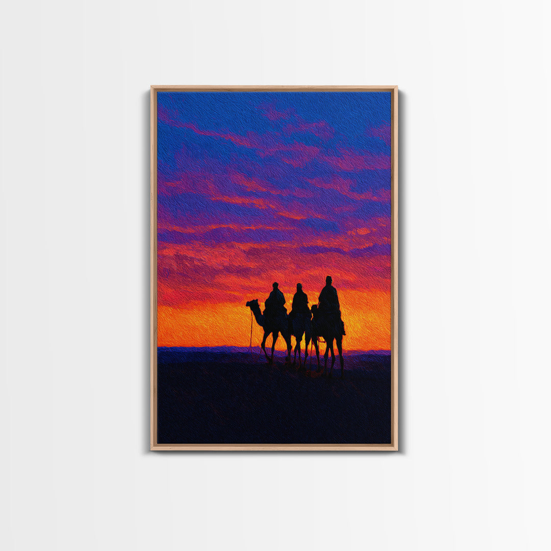 Camel Caravan At Sunset Wall Art, African Landscape Print, Desert Travel Decor, Boho Safari Canvas For Living Room Art Gift