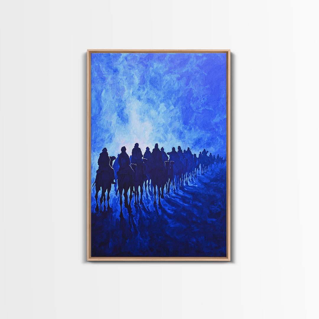 Blue Desert Horse Caravan Canvas Print, African Landscape Art, Sahara Travel Wall Decor, Dreamy Blue Painting For Living Room