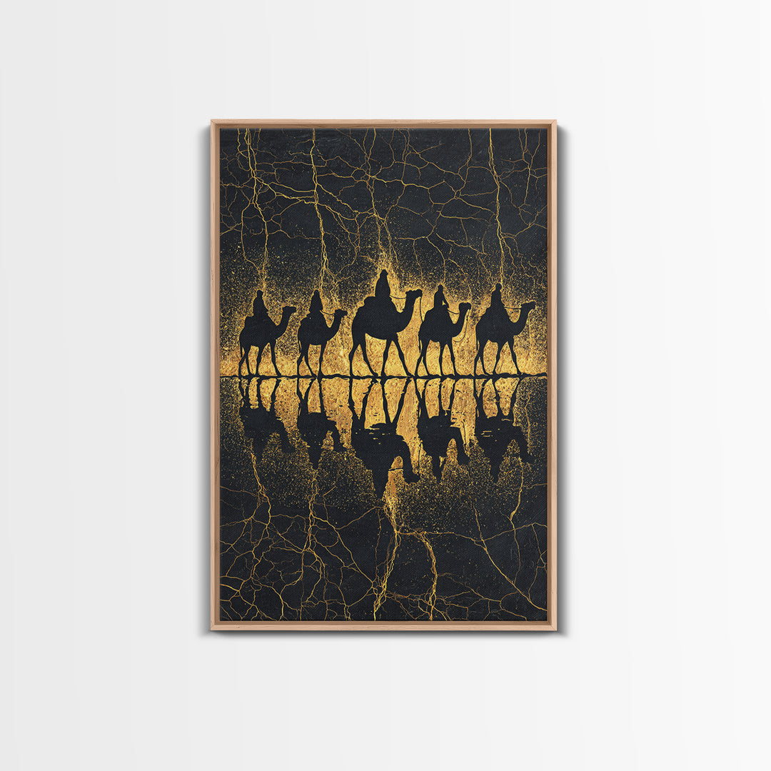 Gold Camel Caravan Reflection Wall Art, African Safari Art Print, Black Gold Desert Decor, Luxury Canvas For Living Room