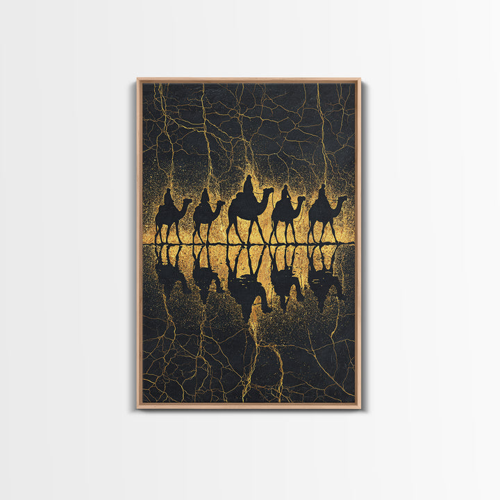 Gold Camel Caravan Reflection Wall Art, African Safari Art Print, Black Gold Desert Decor, Luxury Canvas For Living Room