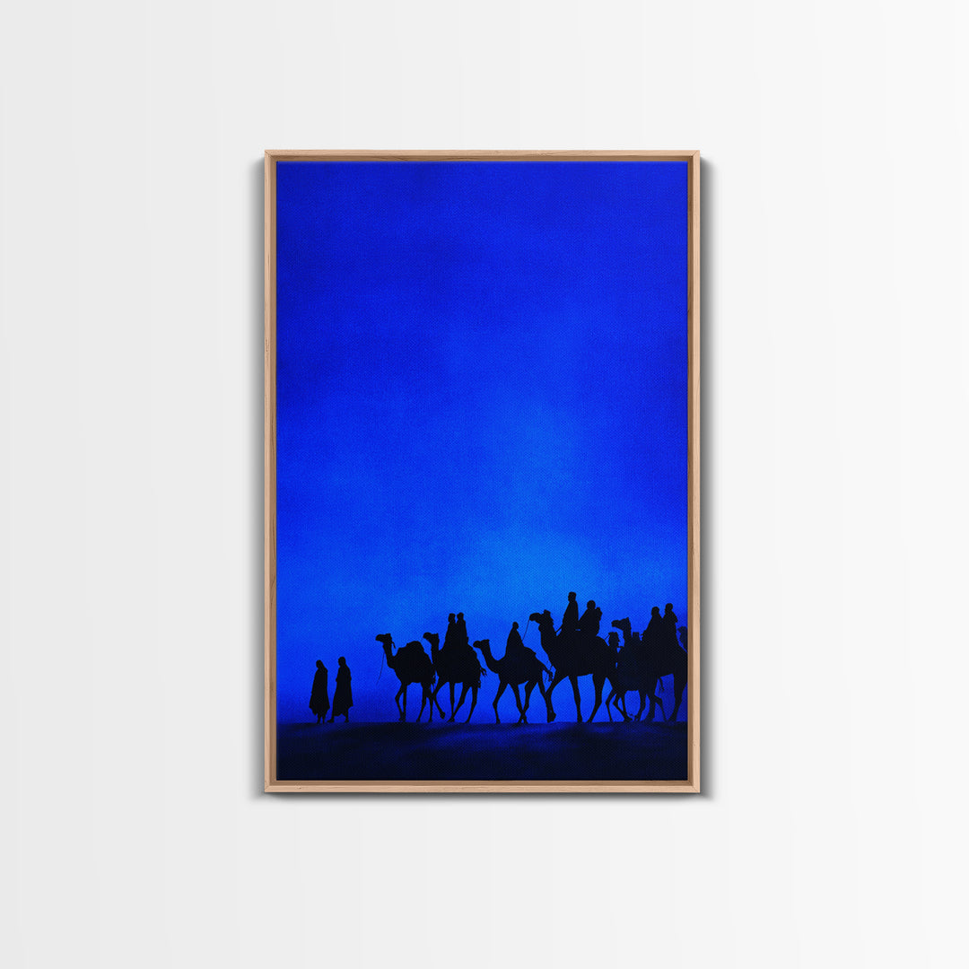 Blue Desert Camel Caravan Canvas Print, African Travel Poster, Modern Safari Wall Decor, Minimalist Blue Bedroom Art Gift