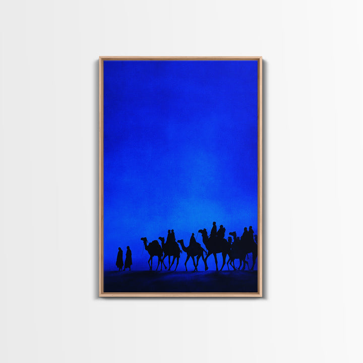 Blue Desert Camel Caravan Canvas Print, African Travel Poster, Modern Safari Wall Decor, Minimalist Blue Bedroom Art Gift