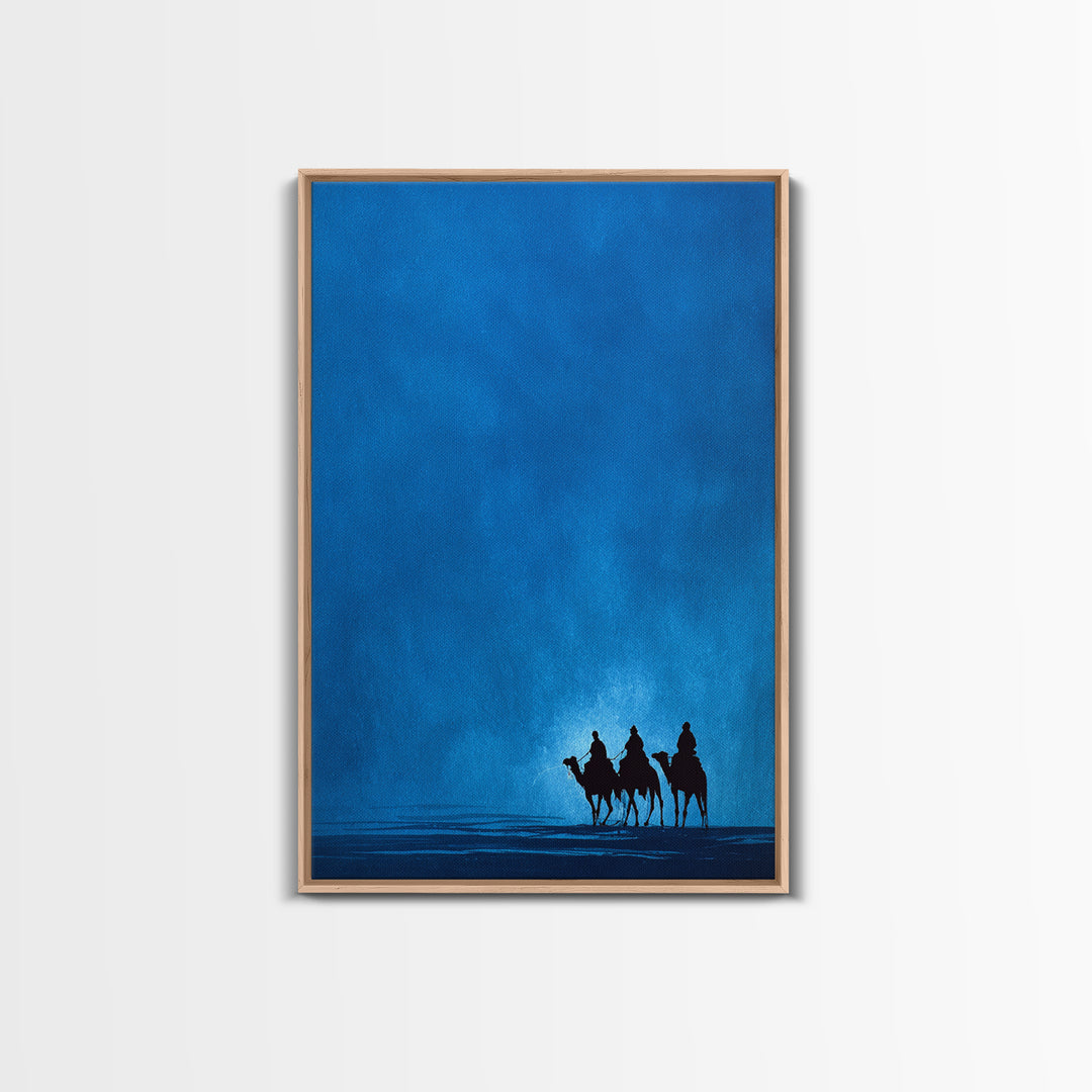 Three Blue Camel Riders Wall Art, African Safari Art Print, Serene Desert Landscape, Modern Canvas Decor For Living Room