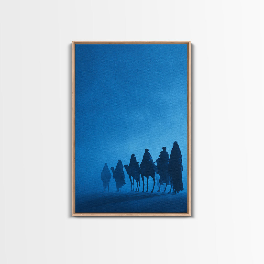 Misty Blue Tuareg Caravan Framed Canvas Print, African Travel Wall Art, Sahara Desert Decor, Boho Bedroom Artwork Gift For Home