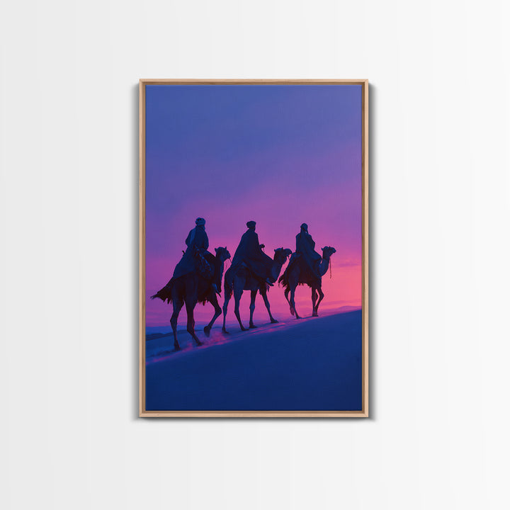 Purple Sunset Camel Riders Canvas Print, African Safari Wall Art, Boho Desert Landscape Decor, Dreamy Bedroom Gift For Her