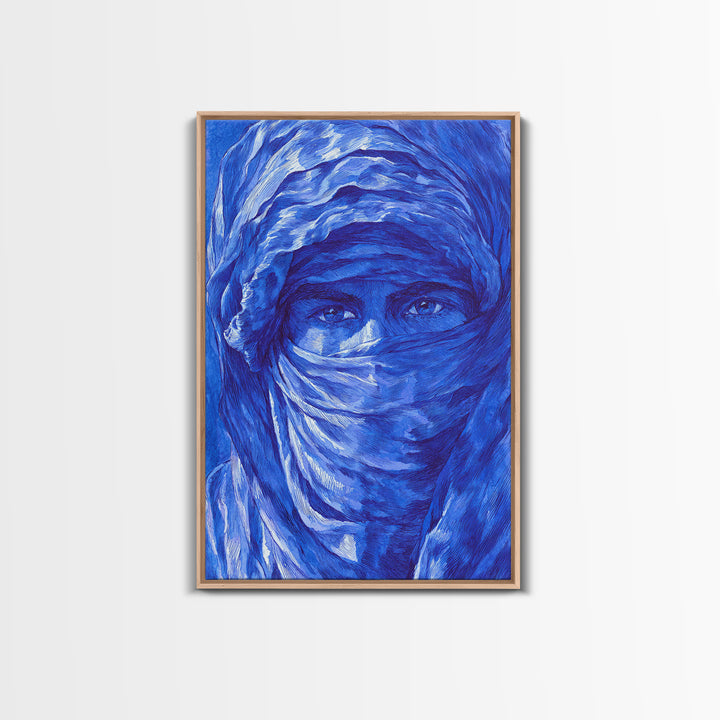 Blue Veiled Woman Portrait Canvas Print, African Woman Art, Sahara Travel Wall Decor, Elegant Cultural Home Decor Gift For Her