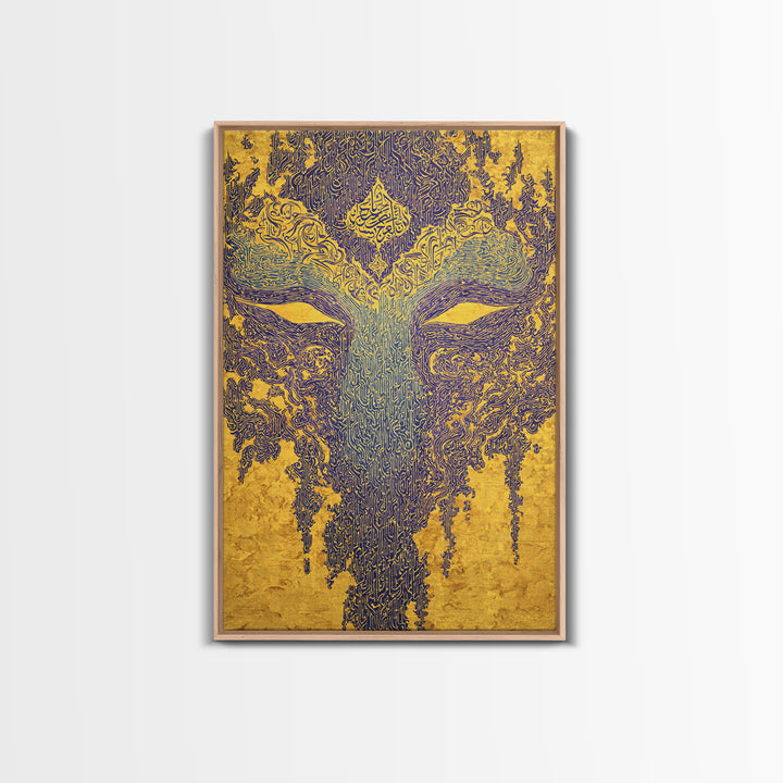 Ornate Blue Gold African Mask Wall Art, Abstract Tribal Art Print, Afrocentric Decor, Luxury Canvas Statement Piece For Home