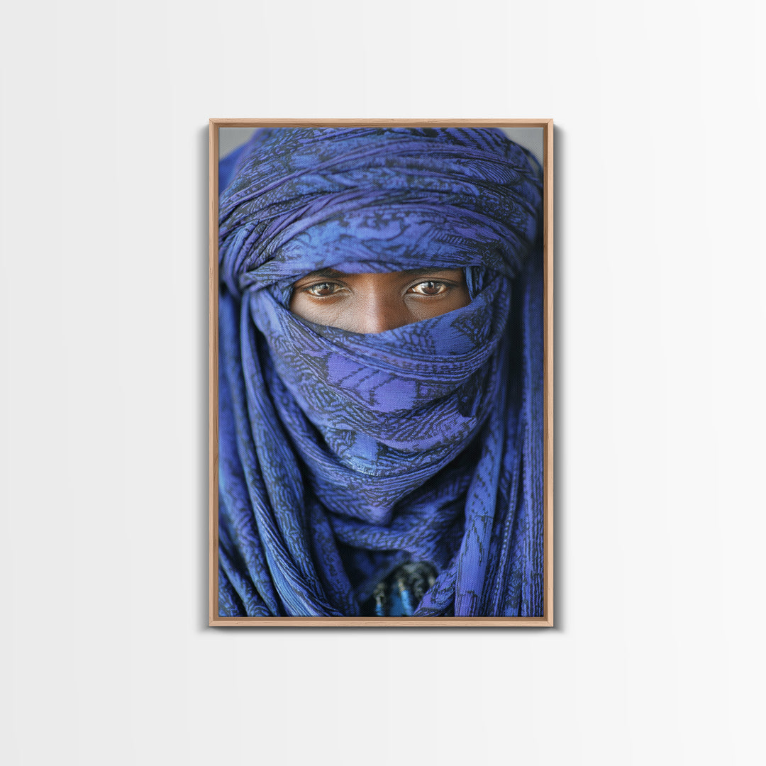 Indigo Tuareg Veiled Eyes Portrait Wall Art, African Wall Art, Blue Desert Nomad Decor, Afrocentric Canvas Print Gift For Home