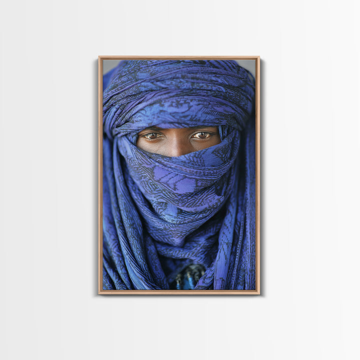 Indigo Tuareg Veiled Eyes Portrait Wall Art, African Wall Art, Blue Desert Nomad Decor, Afrocentric Canvas Print Gift For Home